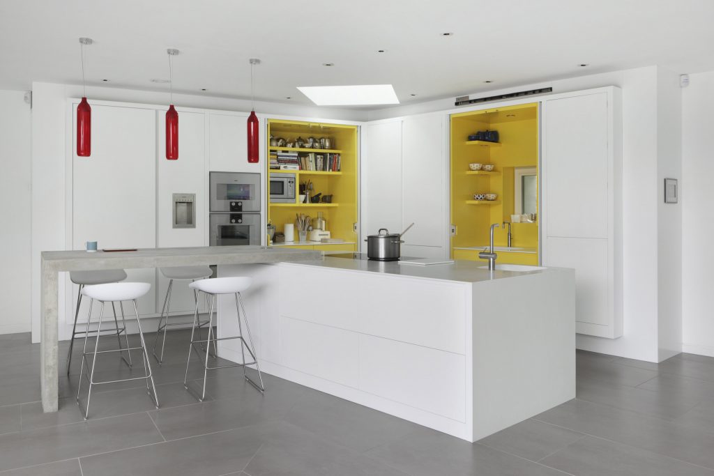White Kitchen with Contemporary Sunshire Yellow Retactable Doors