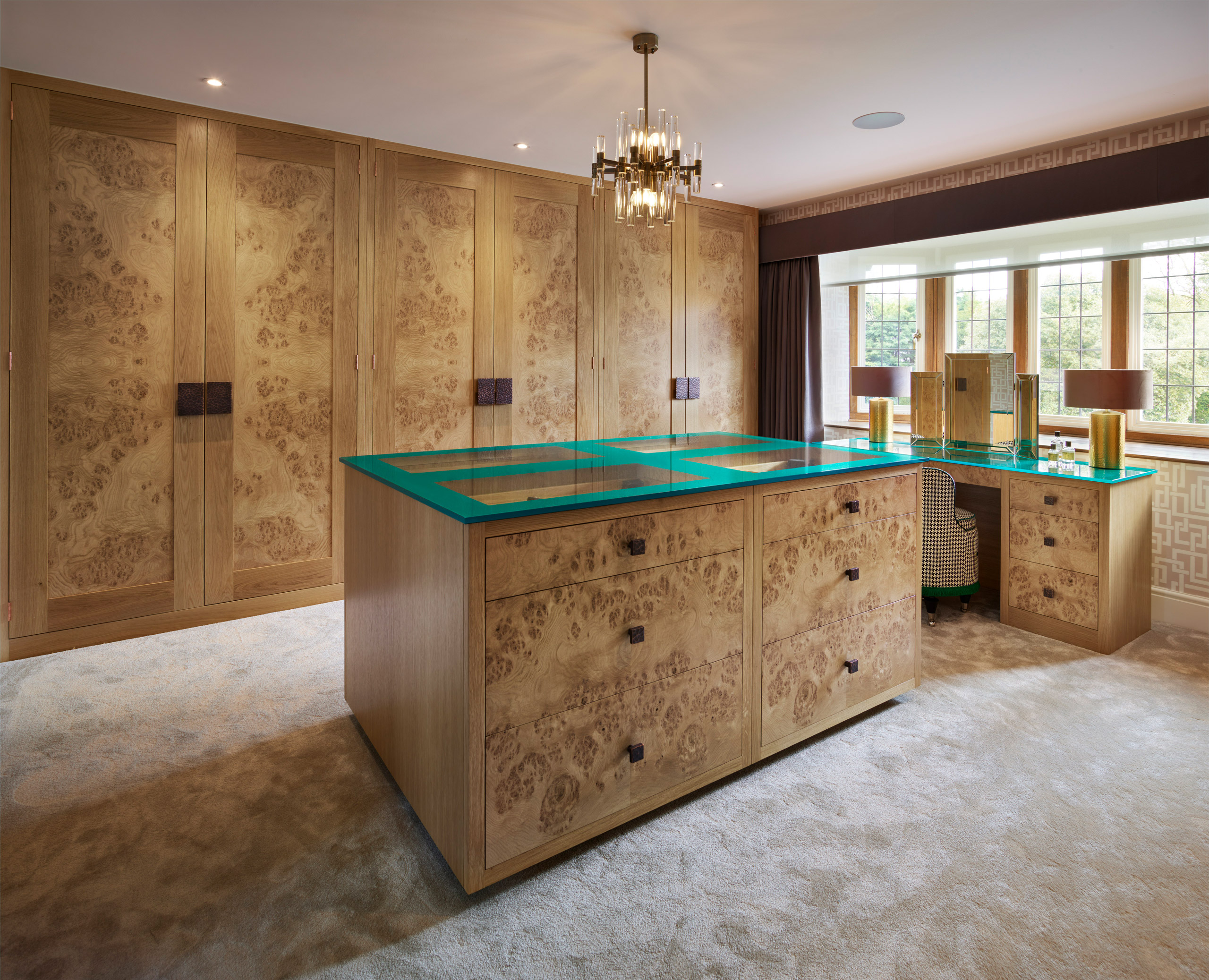 Shaker style wardrobe in lacquered oak and hammered copper handles