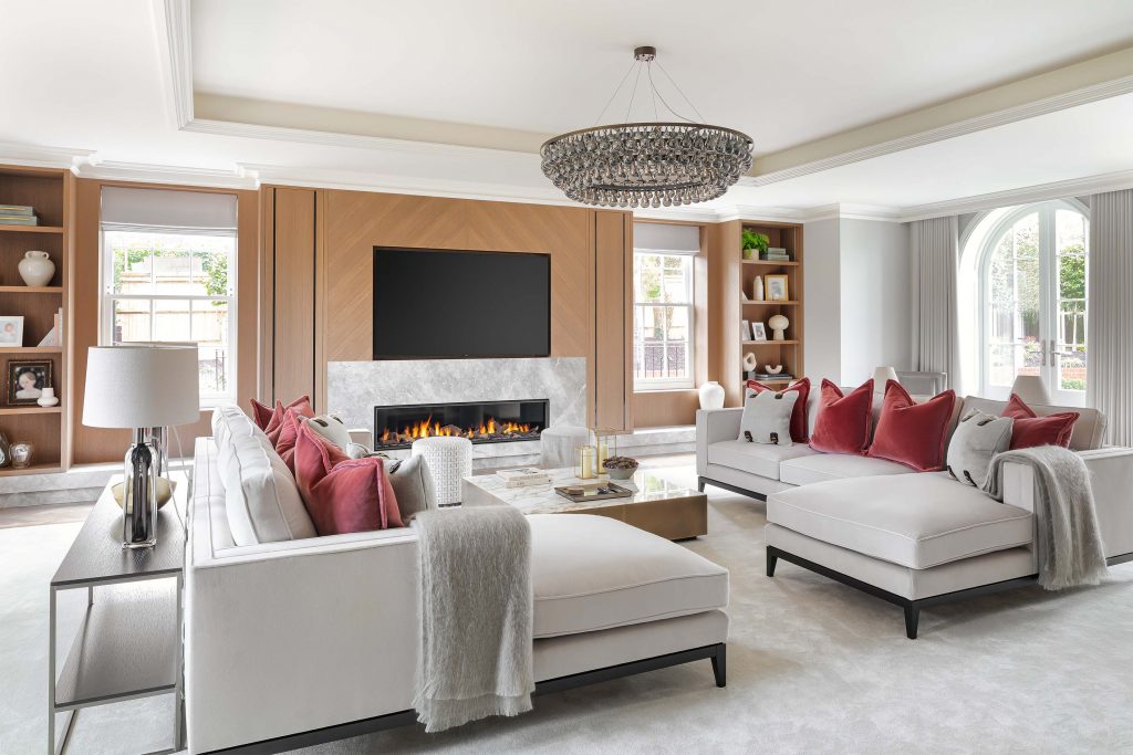 Bookmatched, chevron patterned veneer living room furniture